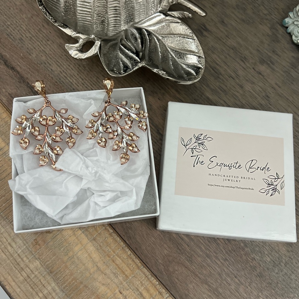 Rose Gold Crystal Leaf Earrings from Etsy